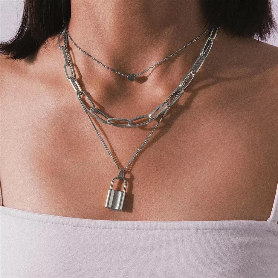 Heart & Lock Layered Chain Necklace - LAST CHANCE - Image 7